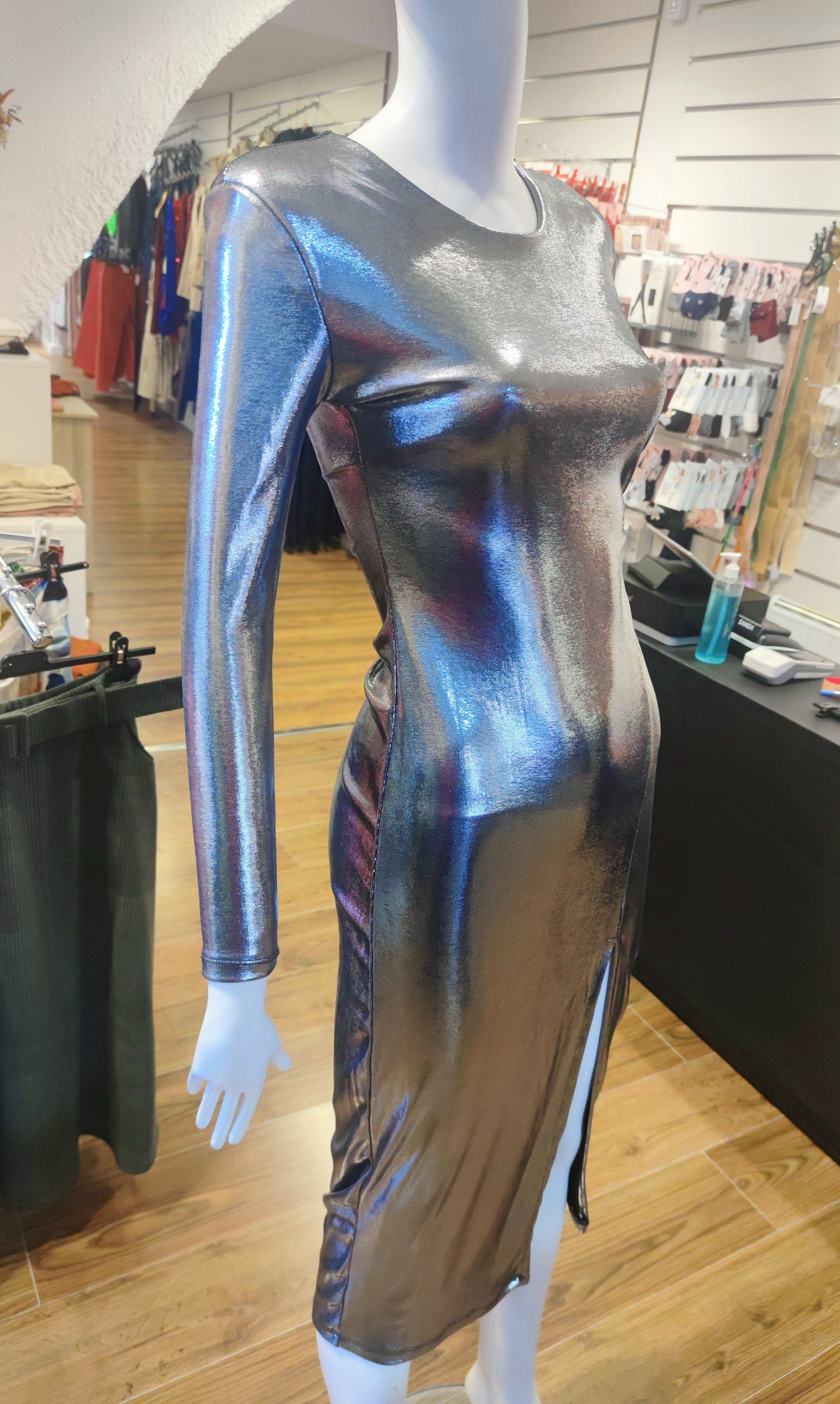 Vestido eléctrico manga larga, elegante con abertura en la pierna izquierda, vestido mujer, moda ajustada al cuerpo