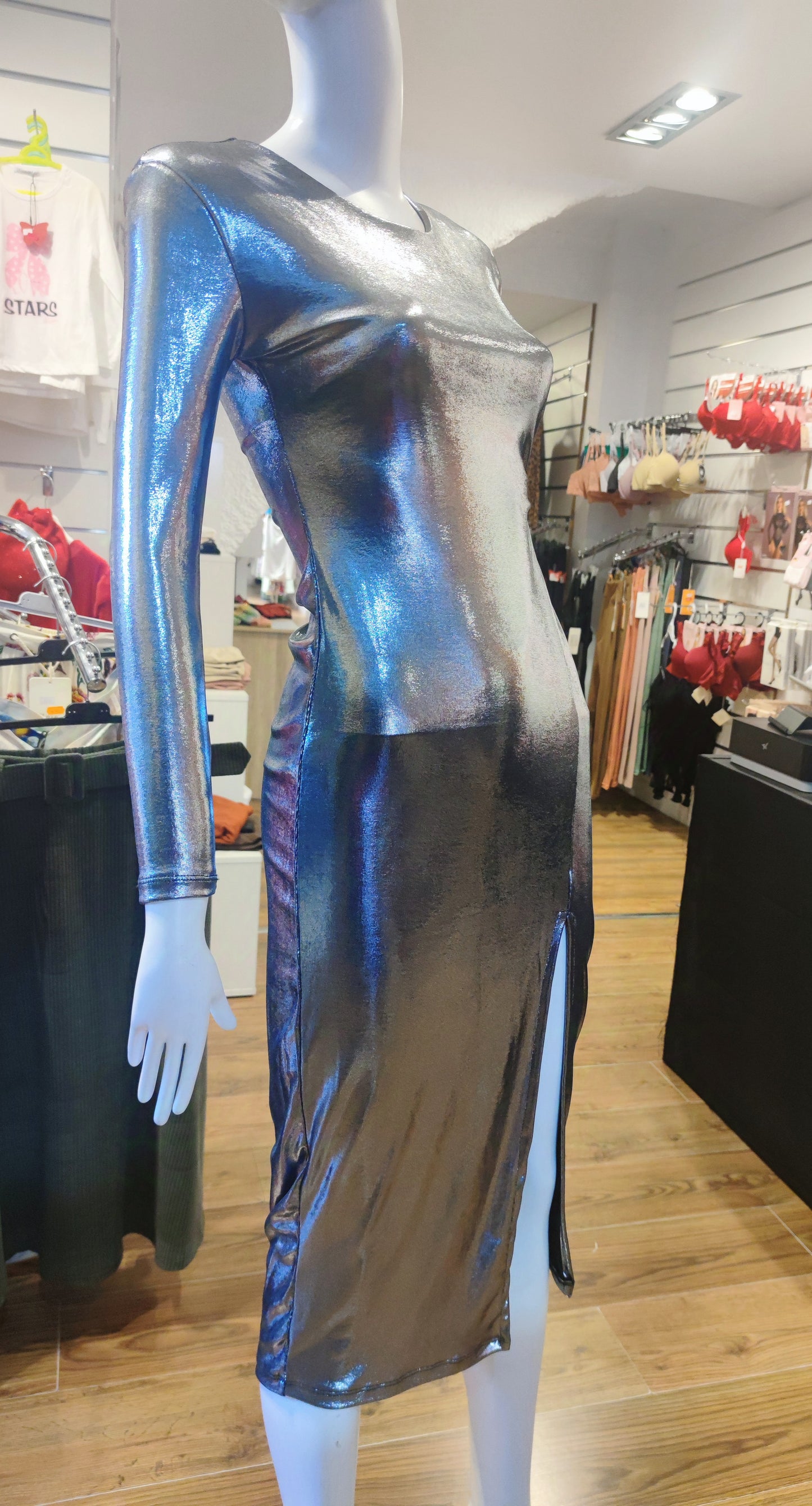 Vestido eléctrico manga larga, elegante con abertura en la pierna izquierda, vestido mujer, moda ajustada al cuerpo