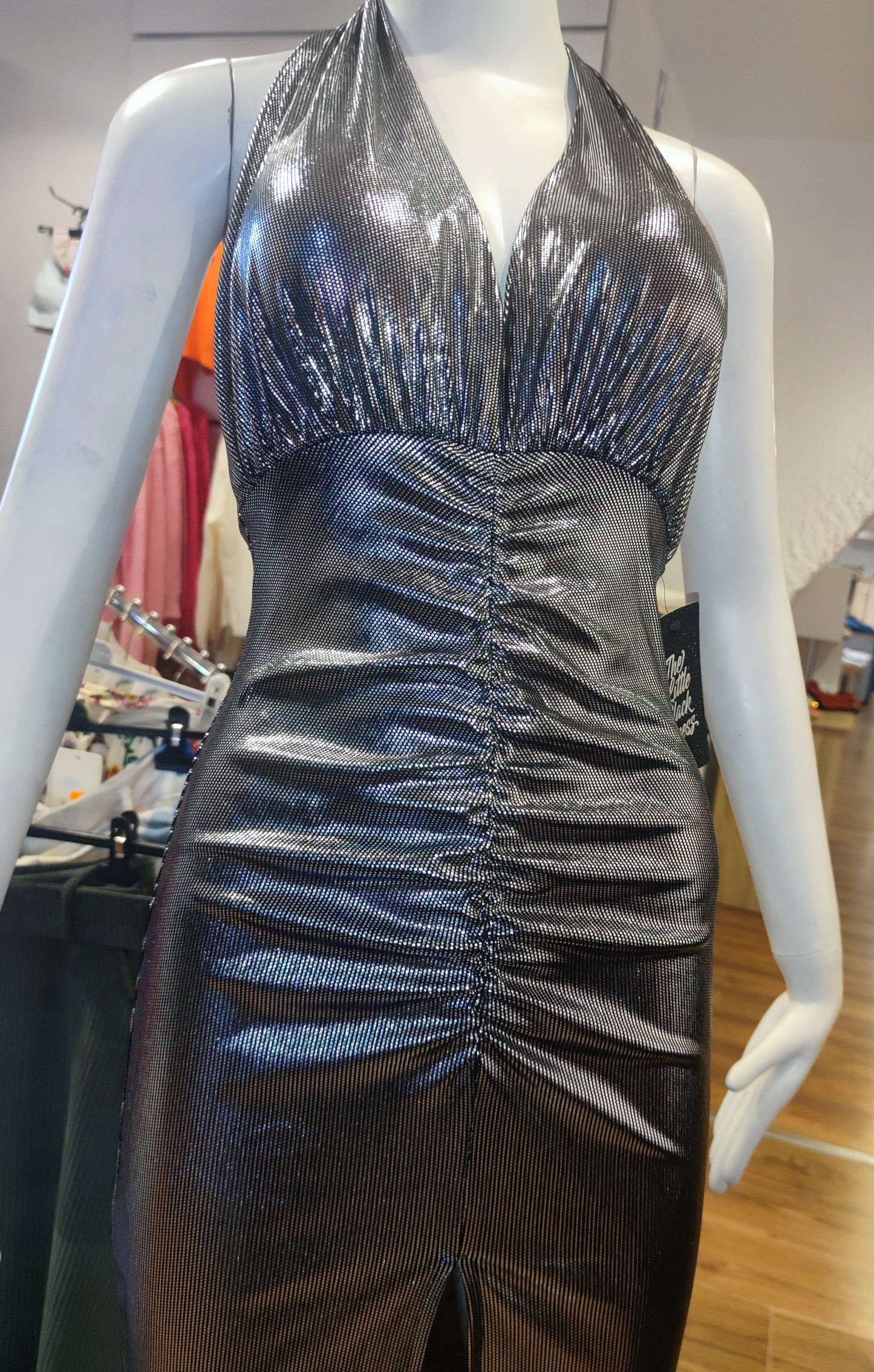 Vestido largo para fiesta, vestido eléctrico con fruncido en la parte delantera, con escote en la espalda y abertura en la parte frontal de la falda, cuello en V ajustable!!