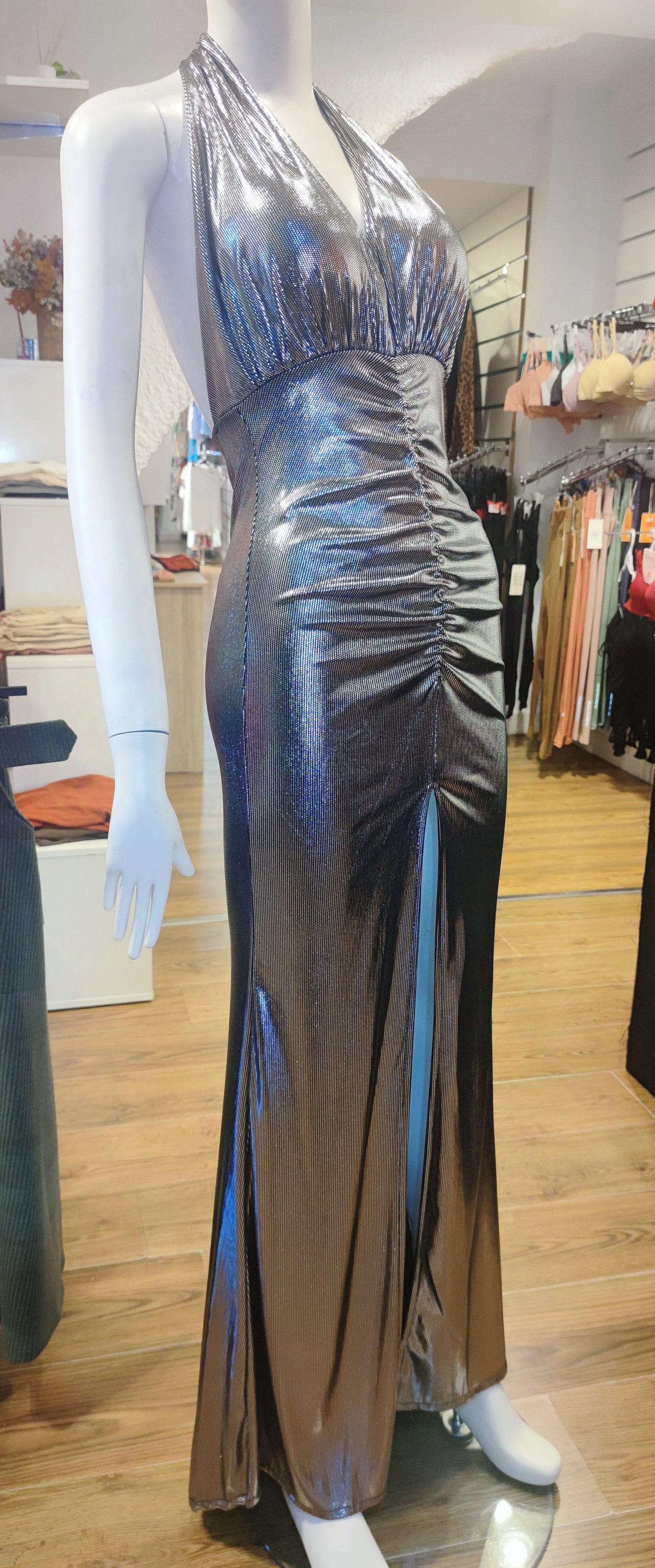 Vestido largo para fiesta, vestido eléctrico con fruncido en la parte delantera, con escote en la espalda y abertura en la parte frontal de la falda, cuello en V ajustable!!