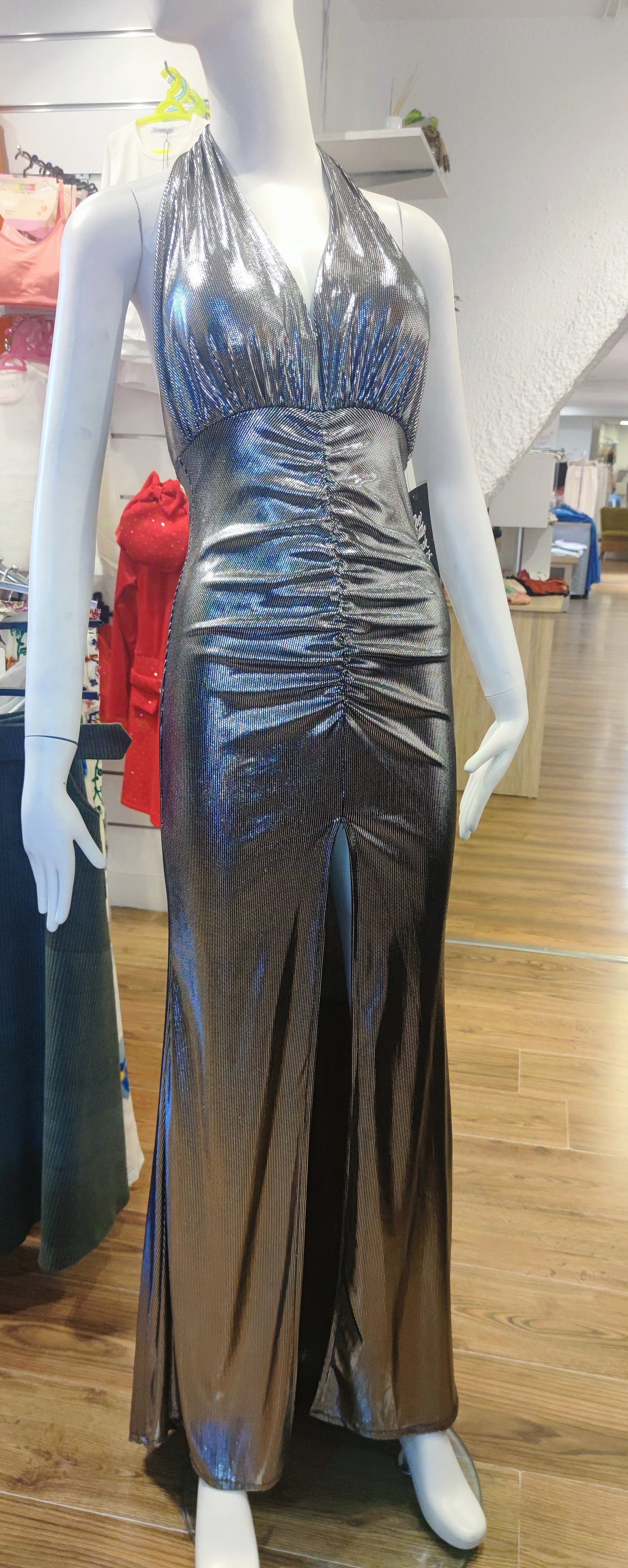 Vestido largo para fiesta, vestido eléctrico con fruncido en la parte delantera, con escote en la espalda y abertura en la parte frontal de la falda, cuello en V ajustable!!