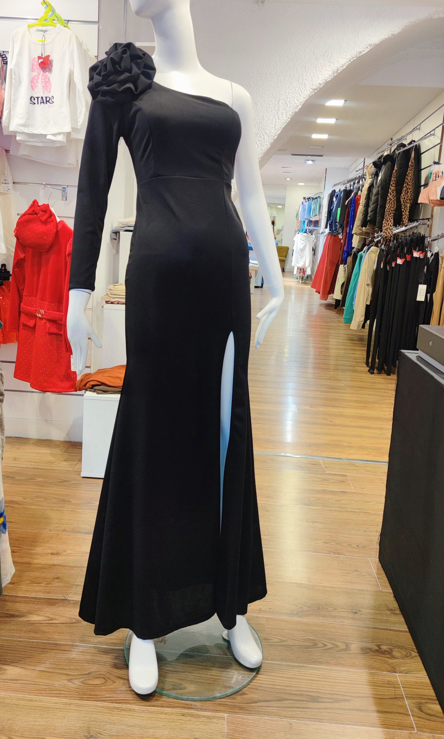 Vestido largo de fiesta con escote asimétrico, abertura en la pierna izquierda, diseño de moño y cuello opcional