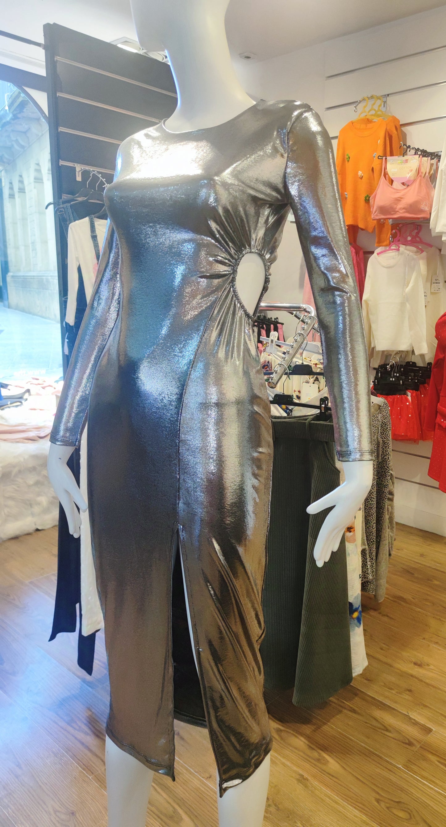 Vestido eléctrico manga larga, elegante con abertura en la pierna izquierda, vestido mujer, moda ajustada al cuerpo